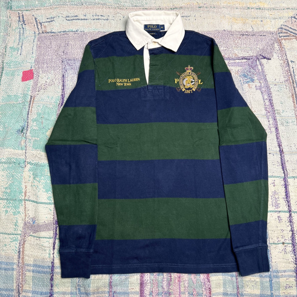 Vintage 90s Polo Ralph Lauren Rugby Shirt Green Navy Blue Striped SZ XS Crest